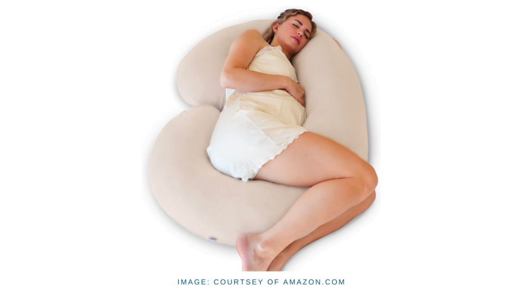 Pharmedoc C-shaped Pregnancy Pillow with organic cotton cover, ensuring sustainable comfort for expectant mothers.