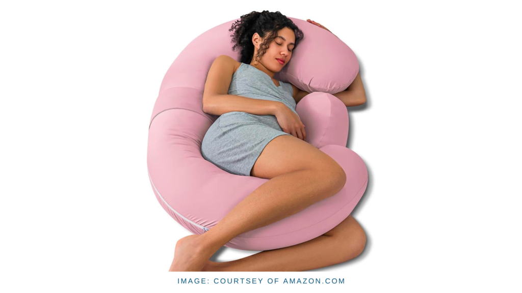 E-shaped QUEEN ROSE Pregnancy Pillow with cooling features and additional belly support wedge.