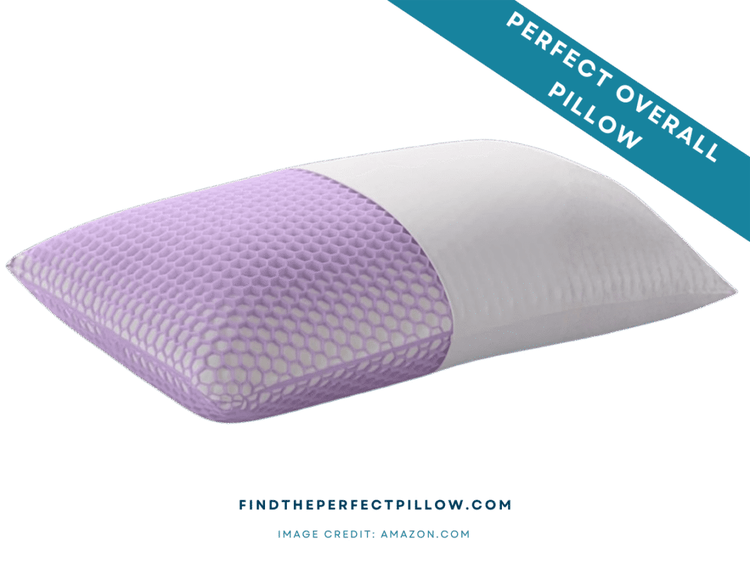 Perfect overall pillow with a Purple Harmony–style lavender hex mesh cooling layer and white foam core, rated top pick in the Perfect Pillow Rankings (FTPP™ Tested) for side sleepers, back sleepers, and combo sleepers.