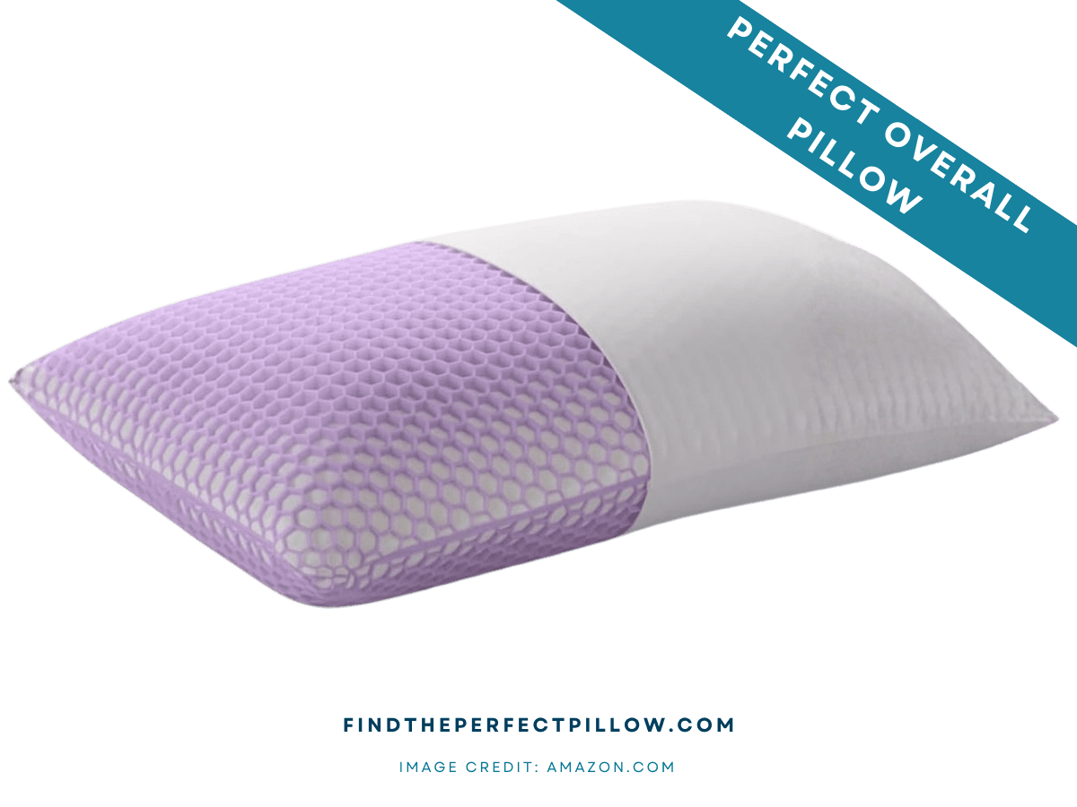 Perfect overall pillow with a Purple Harmony–style lavender hex mesh cooling layer and white foam core, rated top pick in the Perfect Pillow Rankings (FTPP™ Tested) for side sleepers, back sleepers, and combo sleepers.