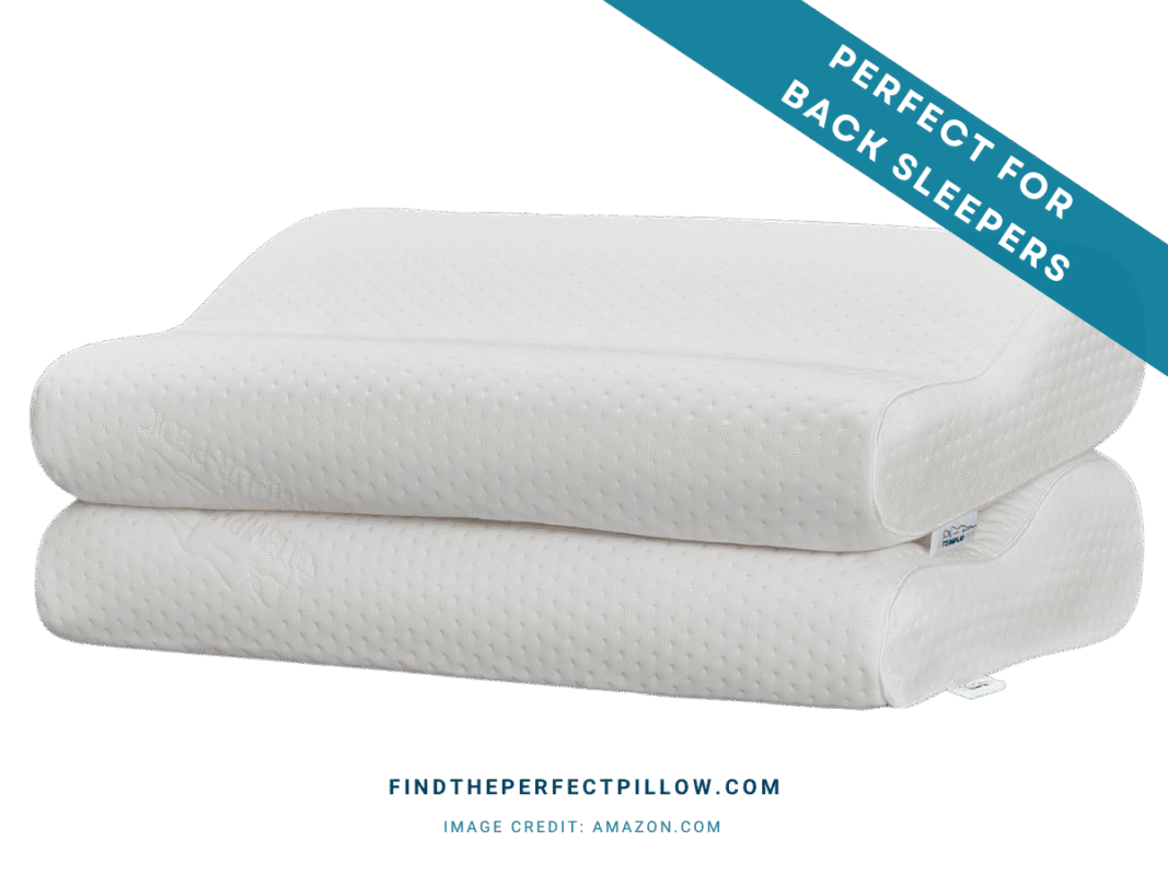 TEMPUR-Ergo Neck Pillow in a medium profile, shown stacked in two layers with a contoured ergonomic shape and dotted white cover, labeled as the perfect pillow for back sleepers and ranked in the Perfect Pillow Rankings (FTPP™ Tested).