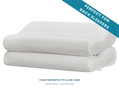 TEMPUR-Ergo Neck Pillow in a medium profile, shown stacked in two layers with a contoured ergonomic shape and dotted white cover, labeled as the perfect pillow for back sleepers and ranked in the Perfect Pillow Rankings (FTPP™ Tested).