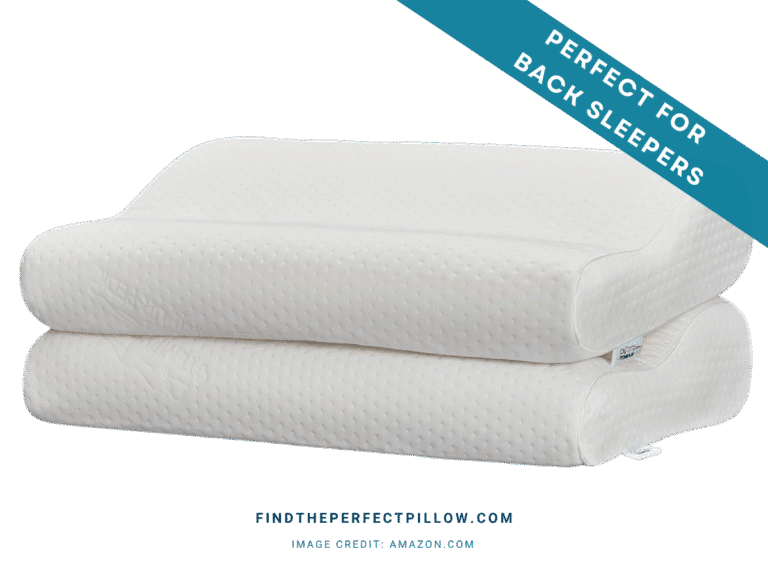 TEMPUR-Ergo Neck Pillow in a medium profile, shown stacked in two layers with a contoured ergonomic shape and dotted white cover, labeled as the perfect pillow for back sleepers and ranked in the Perfect Pillow Rankings (FTPP™ Tested).