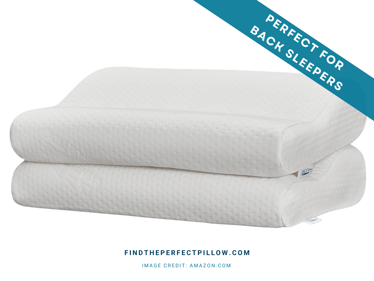TEMPUR-Ergo Neck Pillow in a medium profile, shown stacked in two layers with a contoured ergonomic shape and dotted white cover, labeled as the perfect pillow for back sleepers and ranked in the Perfect Pillow Rankings (FTPP™ Tested).